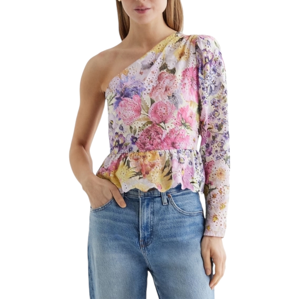 EXPRESS One Shoulder Eyelet Floral Gathered Peplum Top Womens Size 4